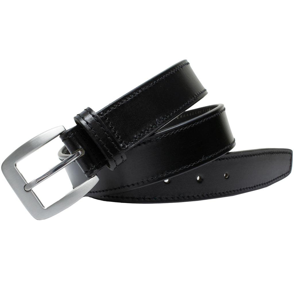 Black Leather Belt with Silver Nickel Free Buckle. Sides have single stitch for decoration.