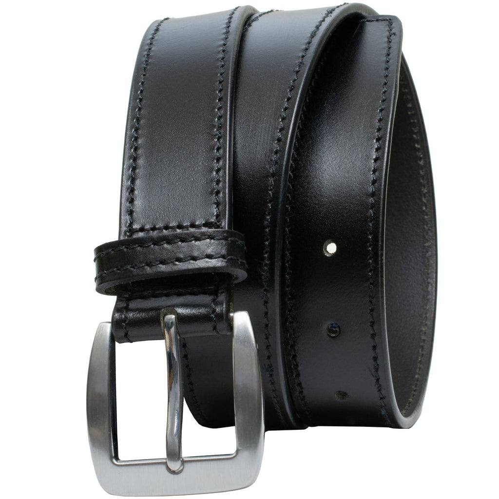 Single Stitching on either side of black leather strap with silver nickel free buckle