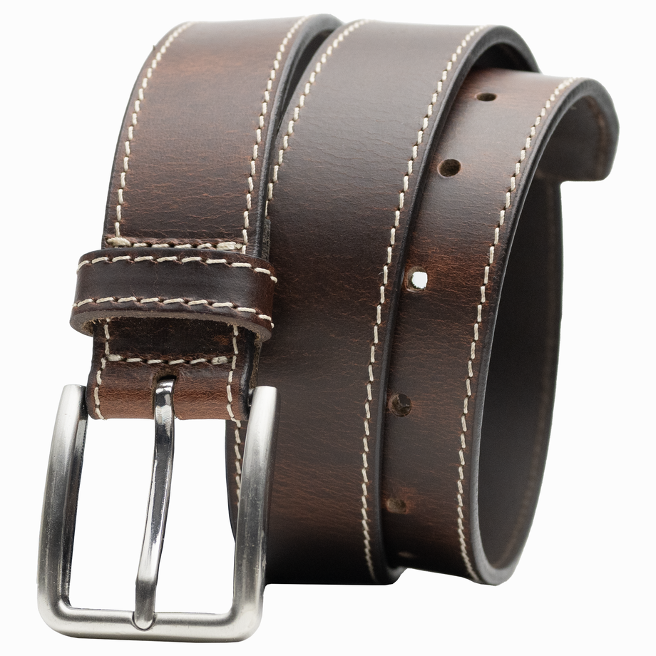 Slick City Brown Stitched Leather Belt by Nickel Zero 32 inch / Brown / Zinc Alloy/Leather