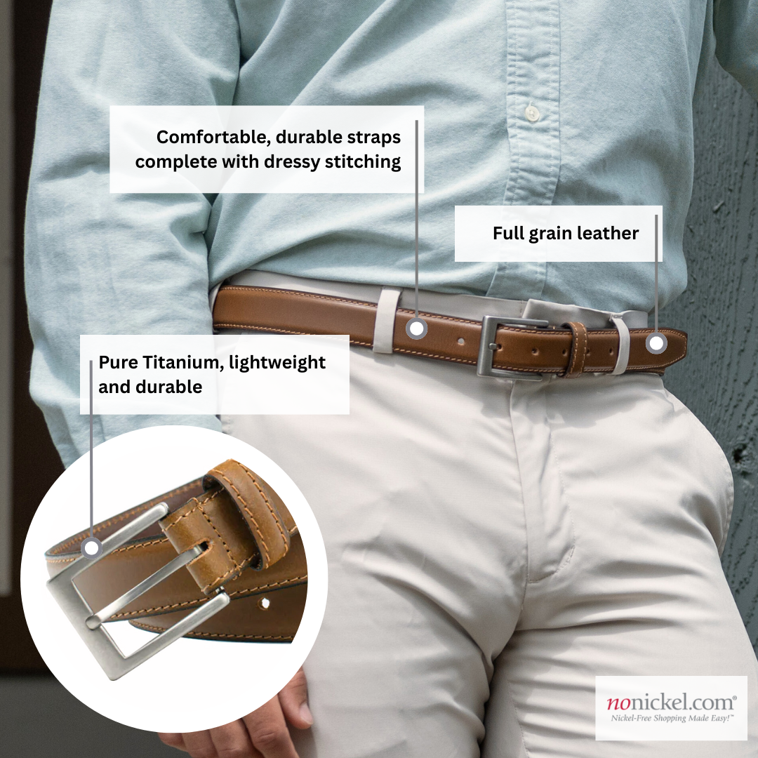 Silver Square Titanium Tan Belt | Dress Belt | Nickel-Free Silver Square Titanium Tan Belt | Dress Belt | Nickel-Free