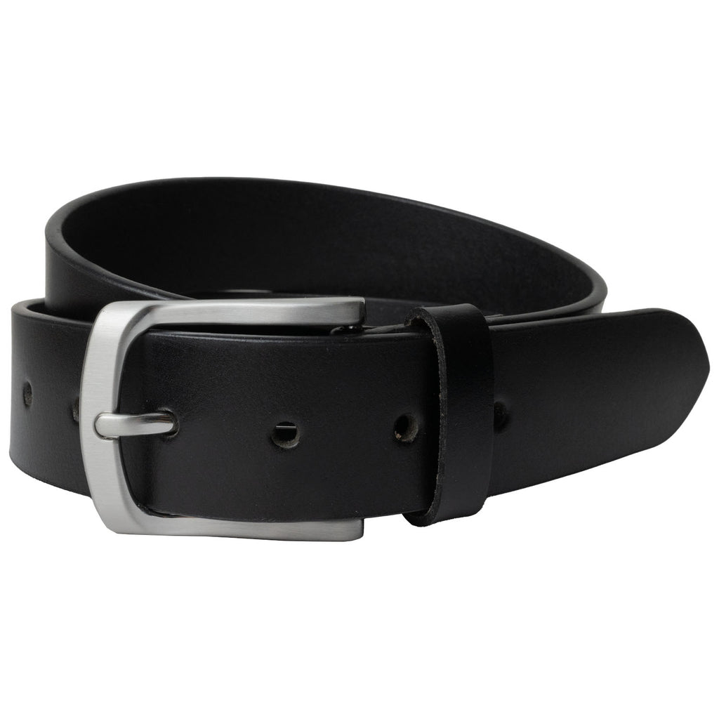 Urbanite Black Leather Belt. Single-pin zinc alloy buckle stitched to coiled genuine leather strap.