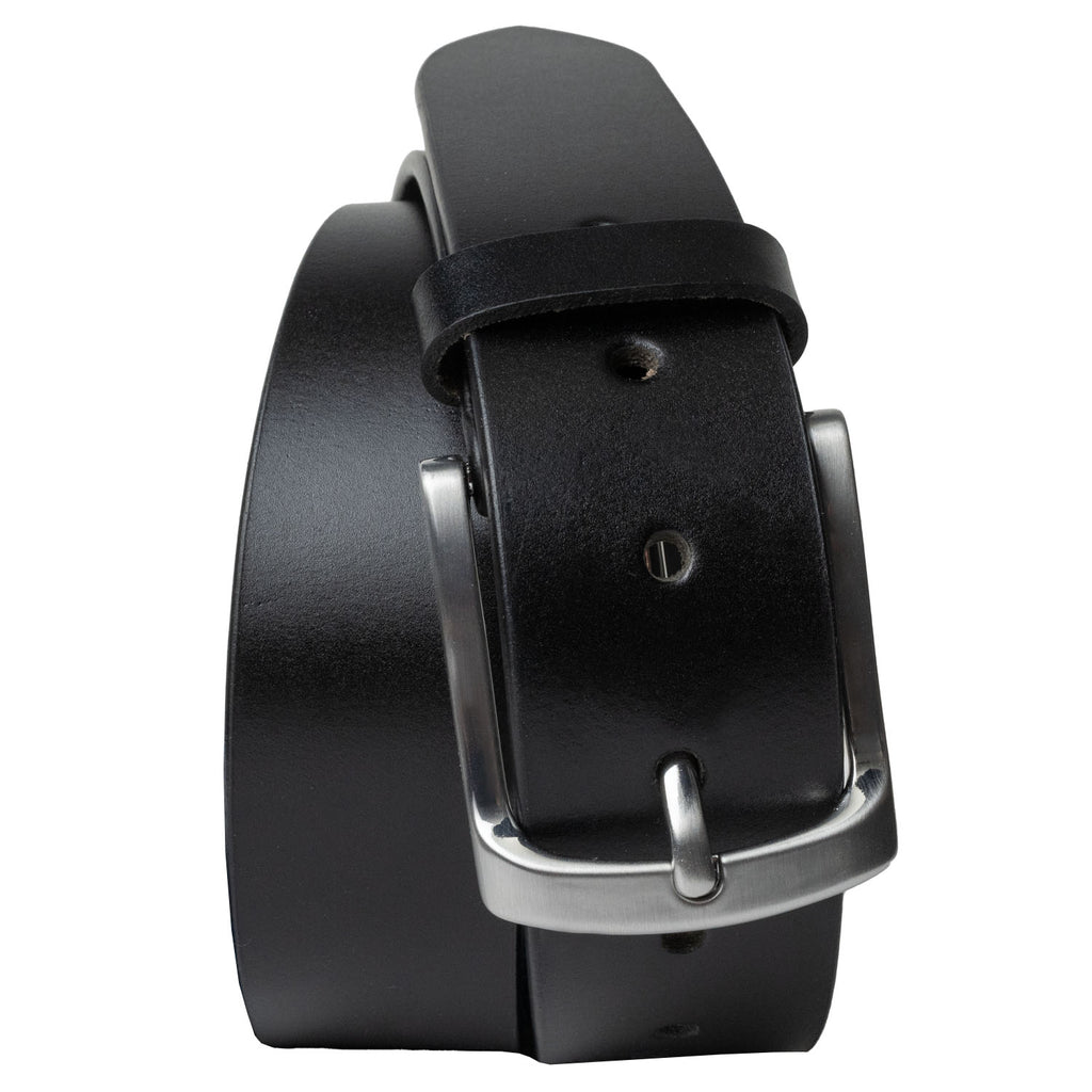 Urbanite Black Leather Belt. Curved buckle cradles the strap for a no-bulge fit. Nickel-free belt.