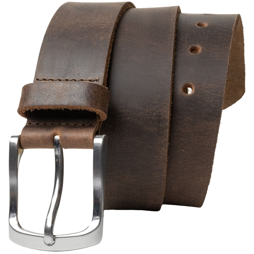 Urbanite Brown Leather Belt. Brown leather strap with raw edges. Hypoallergenic buckle