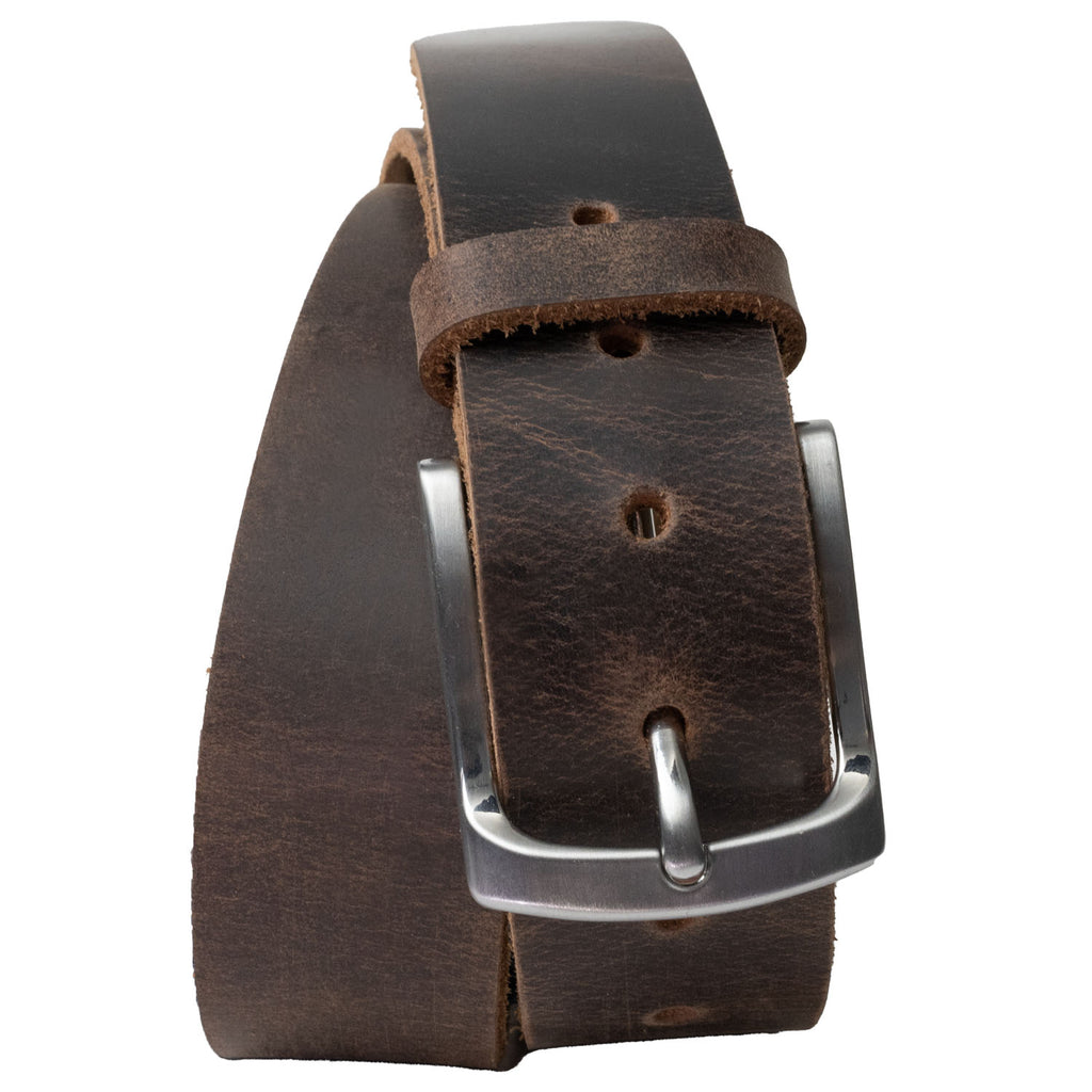 Urbanite Brown Leather Belt. Single-pin buckle with coiled solid leather strap. Nickel-free.