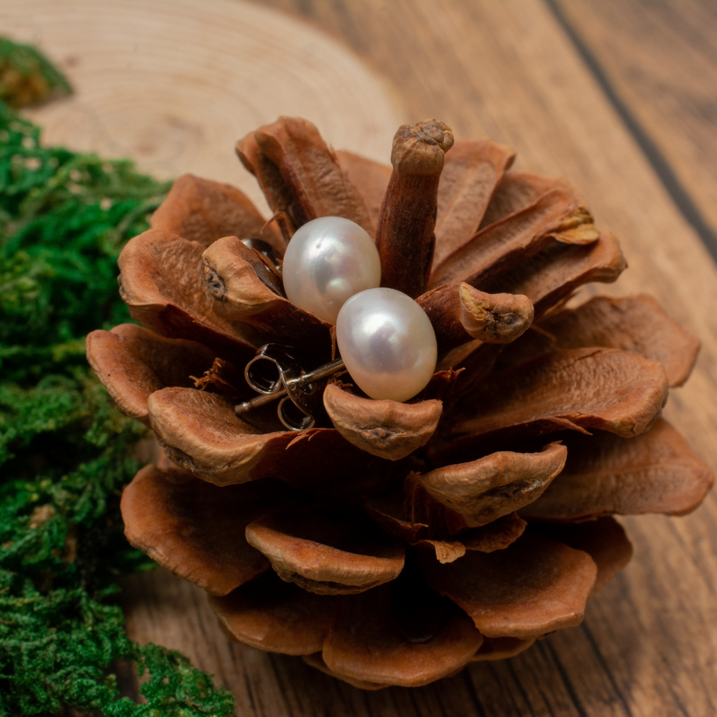 Magnolia Freshwater Pearl Post Earrings | Beautiful spherical pearls in a pinecone