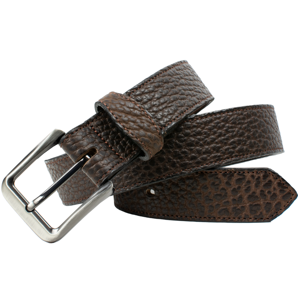 Austin Brown Bison Leather Belt by Nickel Smart. Textured leather belt with single stitch edging