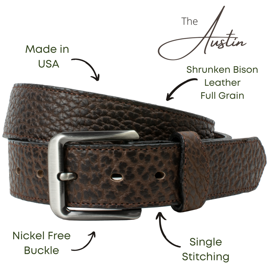 The Austin. Made in USA. Shrunken Bison Leather Full Grain. Nickel Free Buckle. Single Stitching.