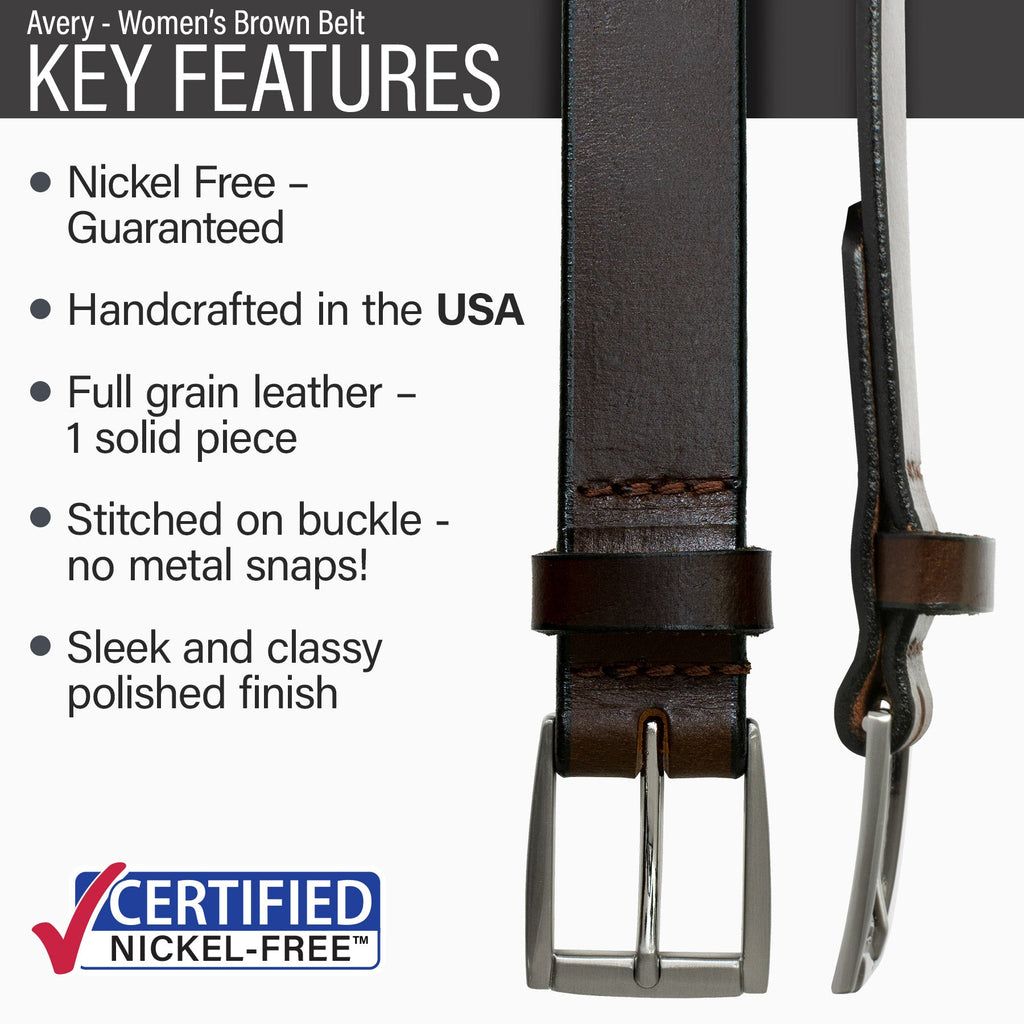 Hypoallergenic buckle, USA made, stitched on nickel-free buckle, full grain leather, polished finish