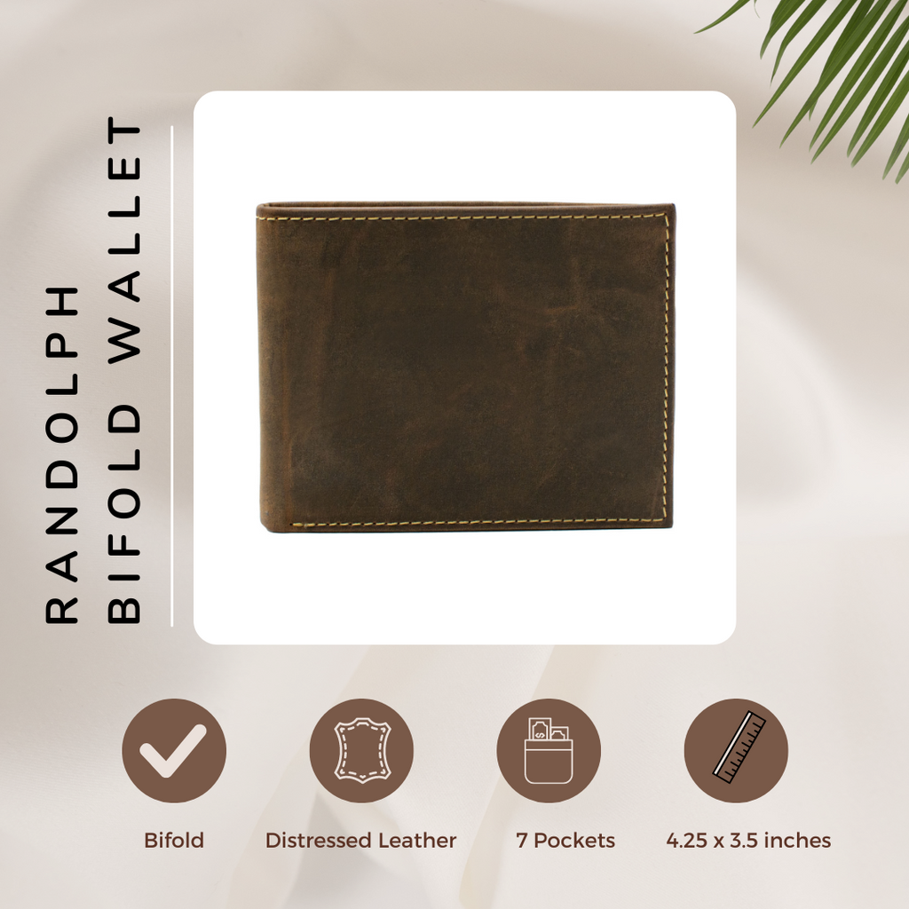 Randolph Bifold Wallet infographic. Bifold style; distressed leather; 7 pockets; 4.25x3.5 inches.
