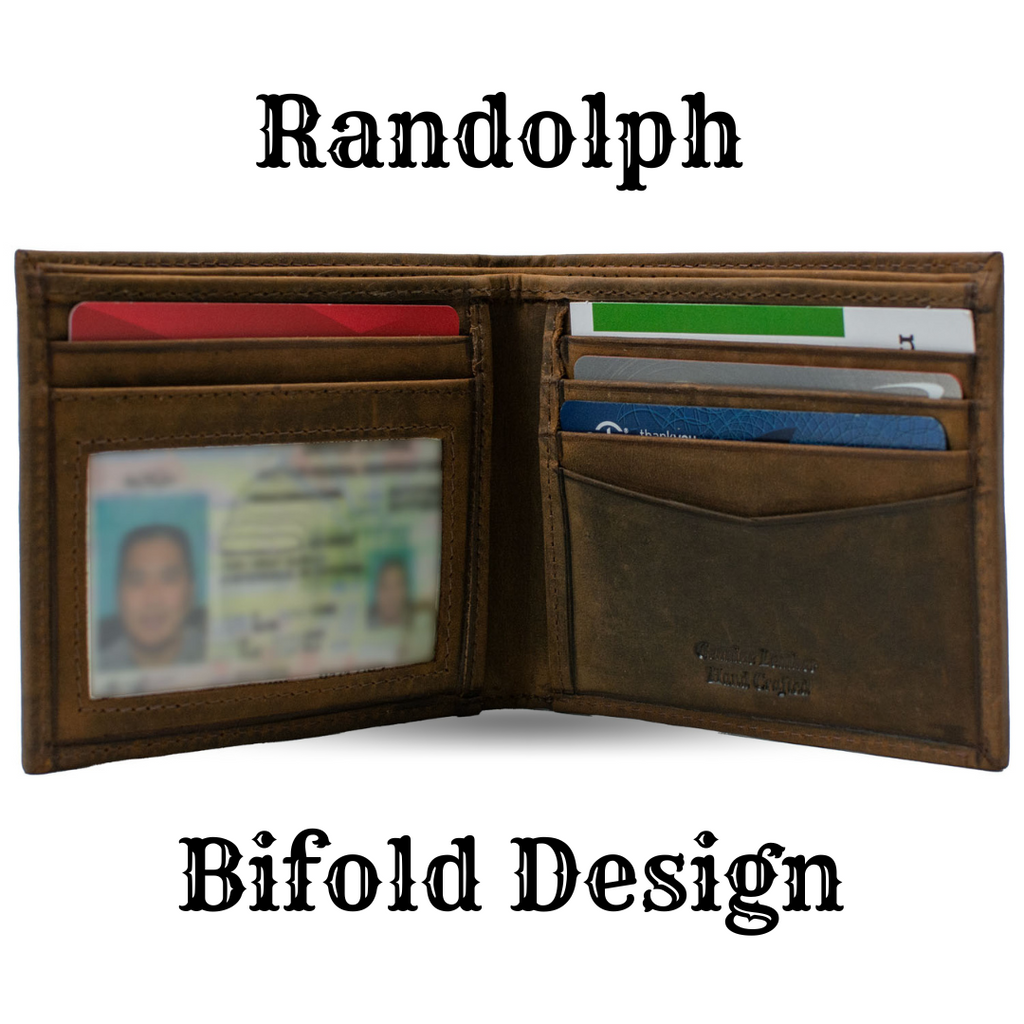 Randolph bifold design. Open to the interior, which shows ID window and six card pockets.