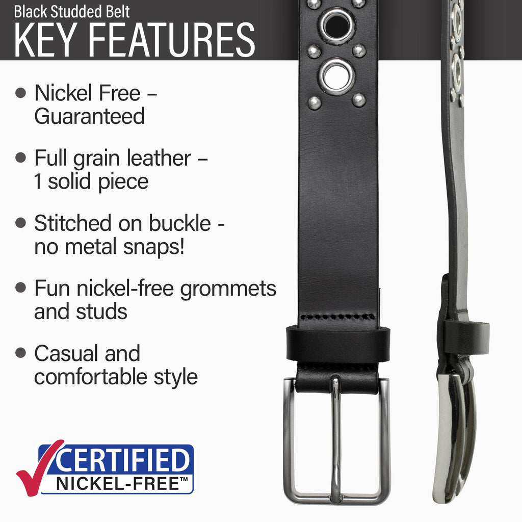 Hypoallergenic nickel-free buckle stitched to full grain leather, nickel-free grommets and studs