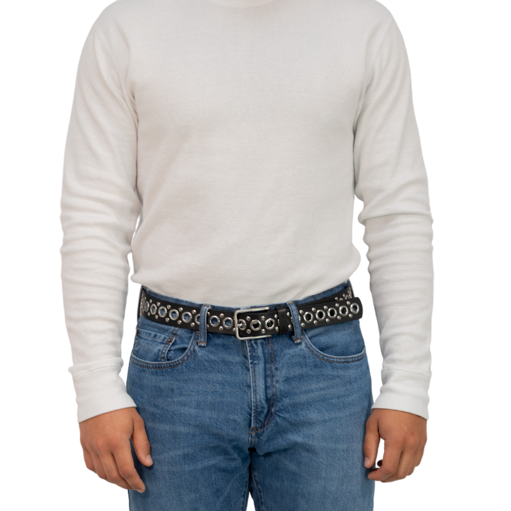 Black Studded Belt V.3 on model. Silver grommets and studs on a black belt, great jeans belt 