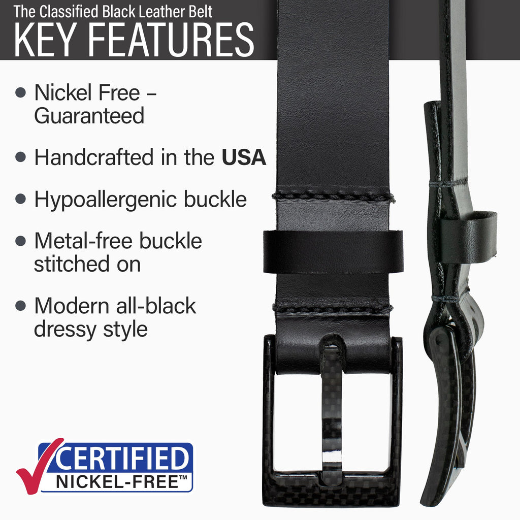 Hypoallergenic buckle, USA made, sewn on buckle, modern style, metal-free carbon fiber buckle