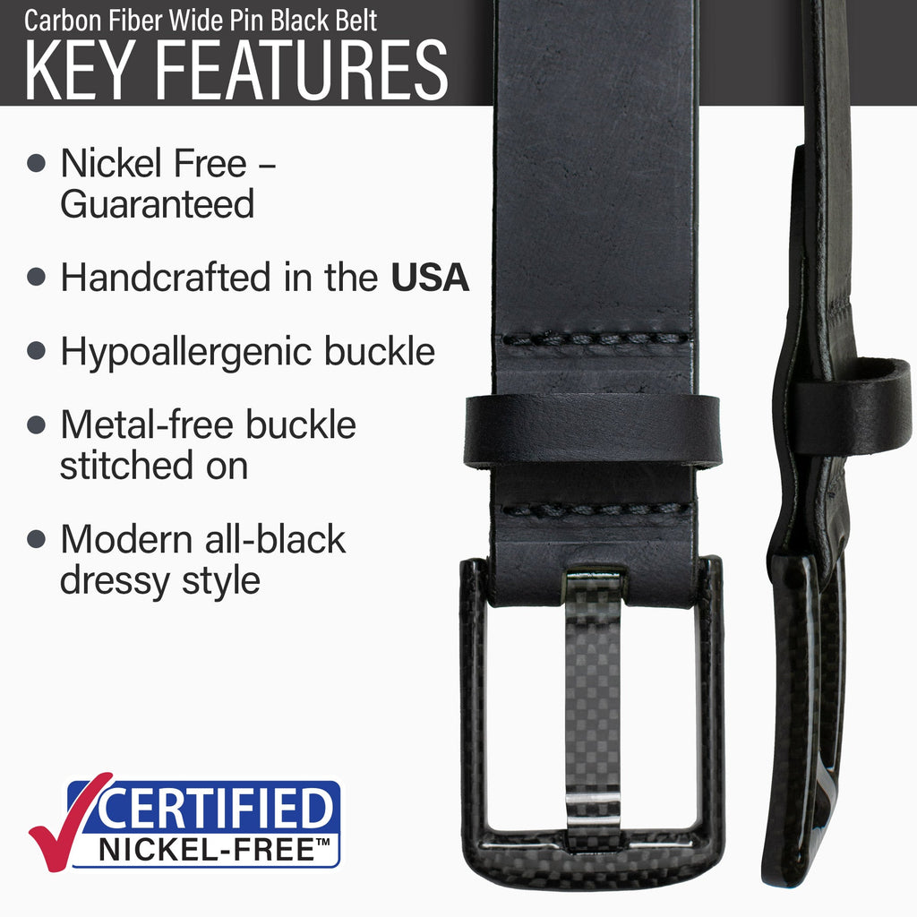 hypoallergenic buckle,  USA made, stitched on nickel-free buckle, metal-free carbon fiber buckle, modern style