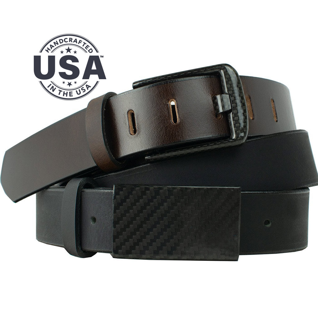 Made in USA. Black carbon fiber buckles sewn onto black and brown leather.  1⅜ inches wide