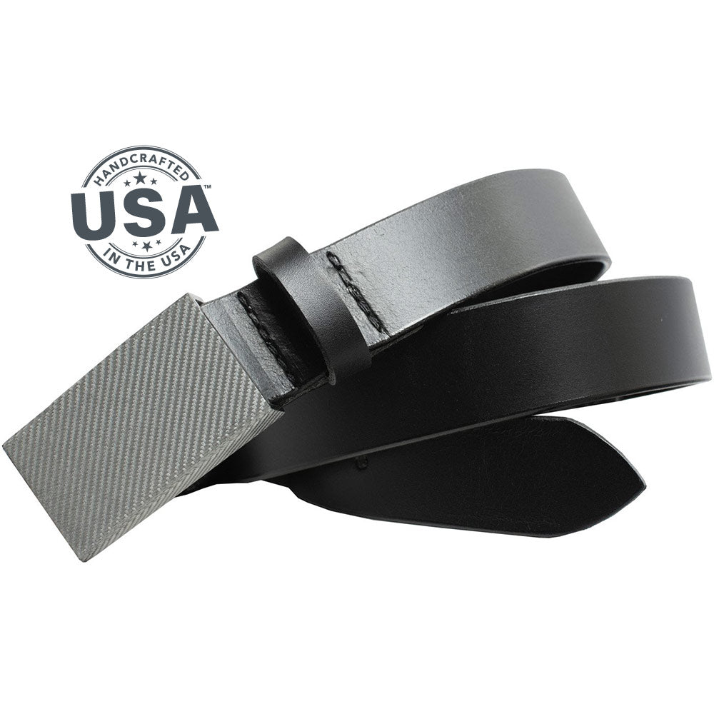 USA Made. Black top grain leather with silver weave carbon fiber rectangular buckle. 