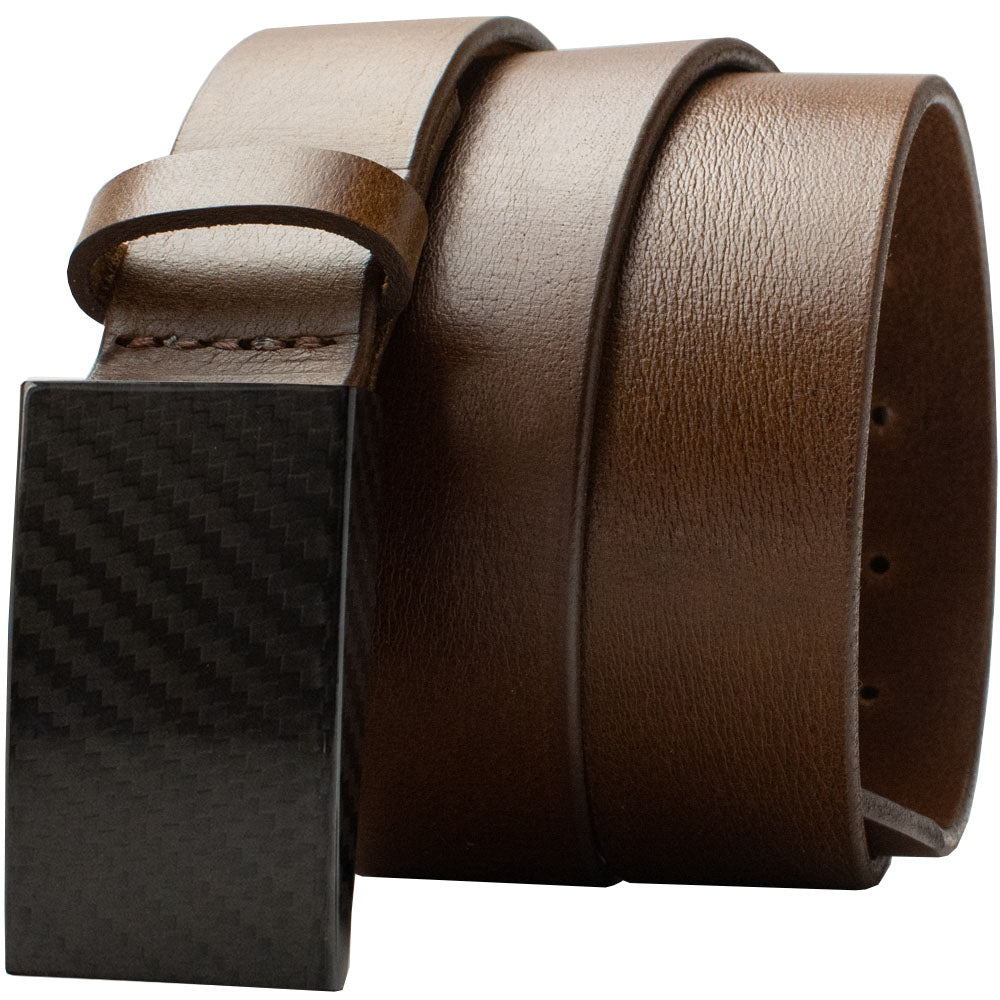 Brown full grain leather sewn onto black rectangular buckle. CF 2.0 Brown Belt By Nickel Smart