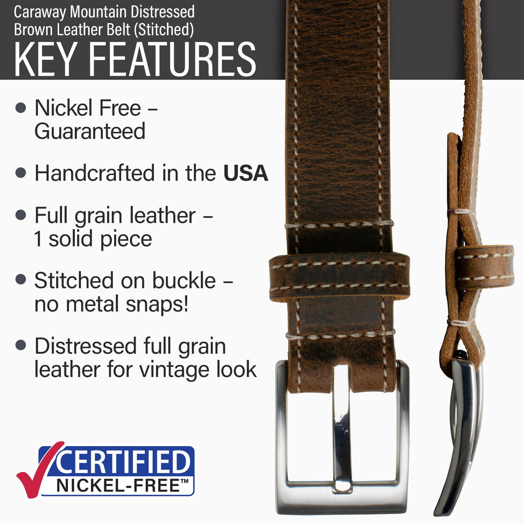 Guaranteed nickel free, made in USA, solid piece of full grain leather, no metal snaps, vintage look