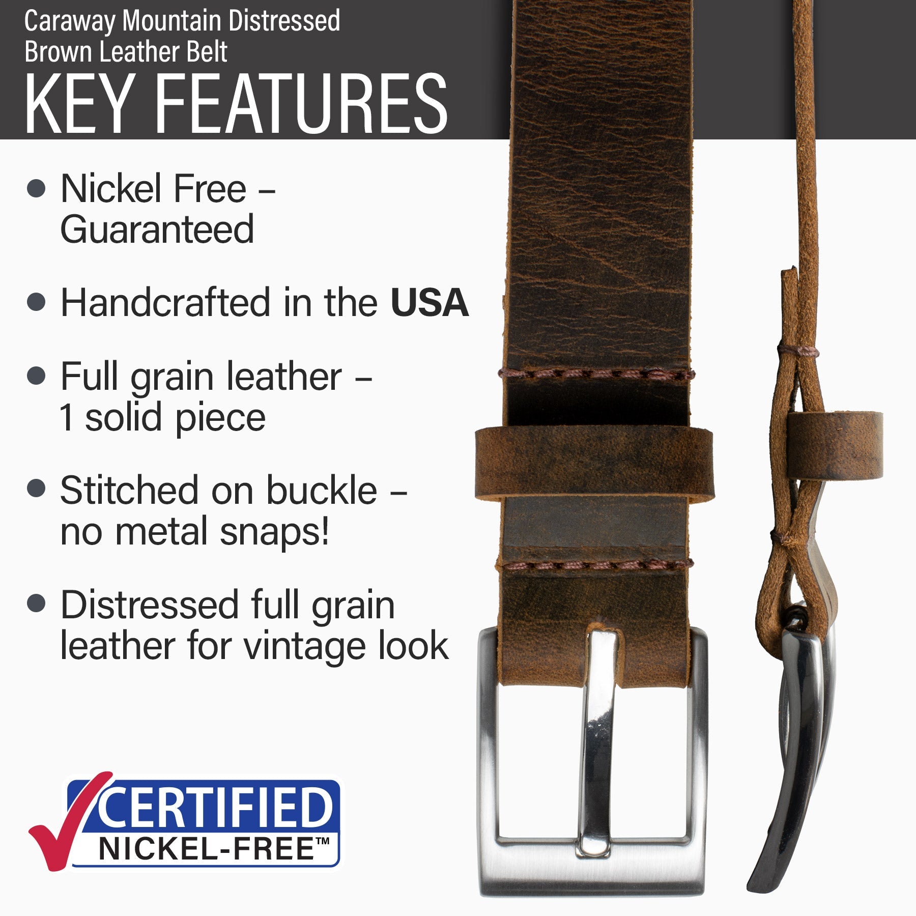Caraway Mountain Distressed Leather Belt | Nickel Free | Made in USA ...