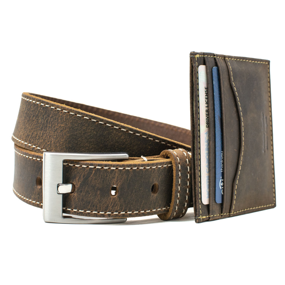 Caraway Mountain Stitched Leather Belt Wallet Set Gifts for Men