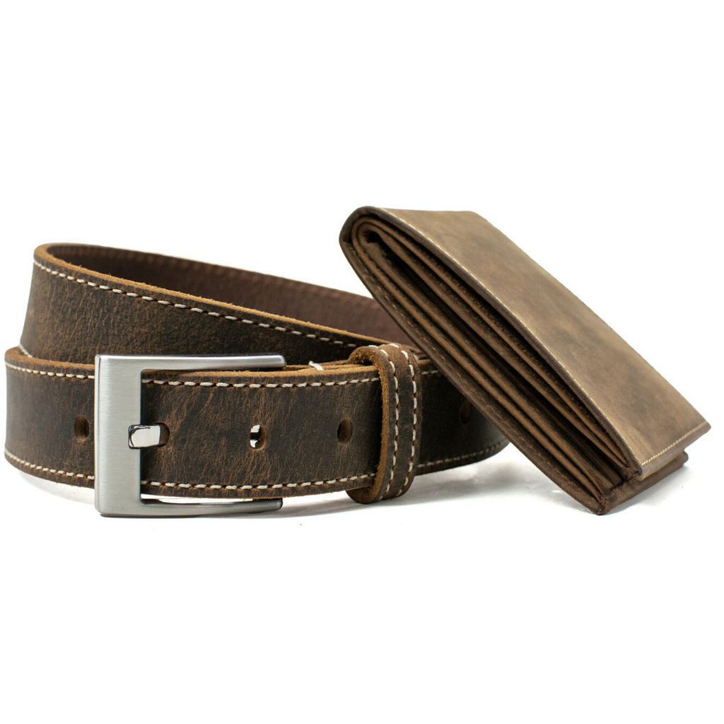 Caraway Mountain (Stitched) Leather Belt & Wallet Set. Distressed brown leather.
