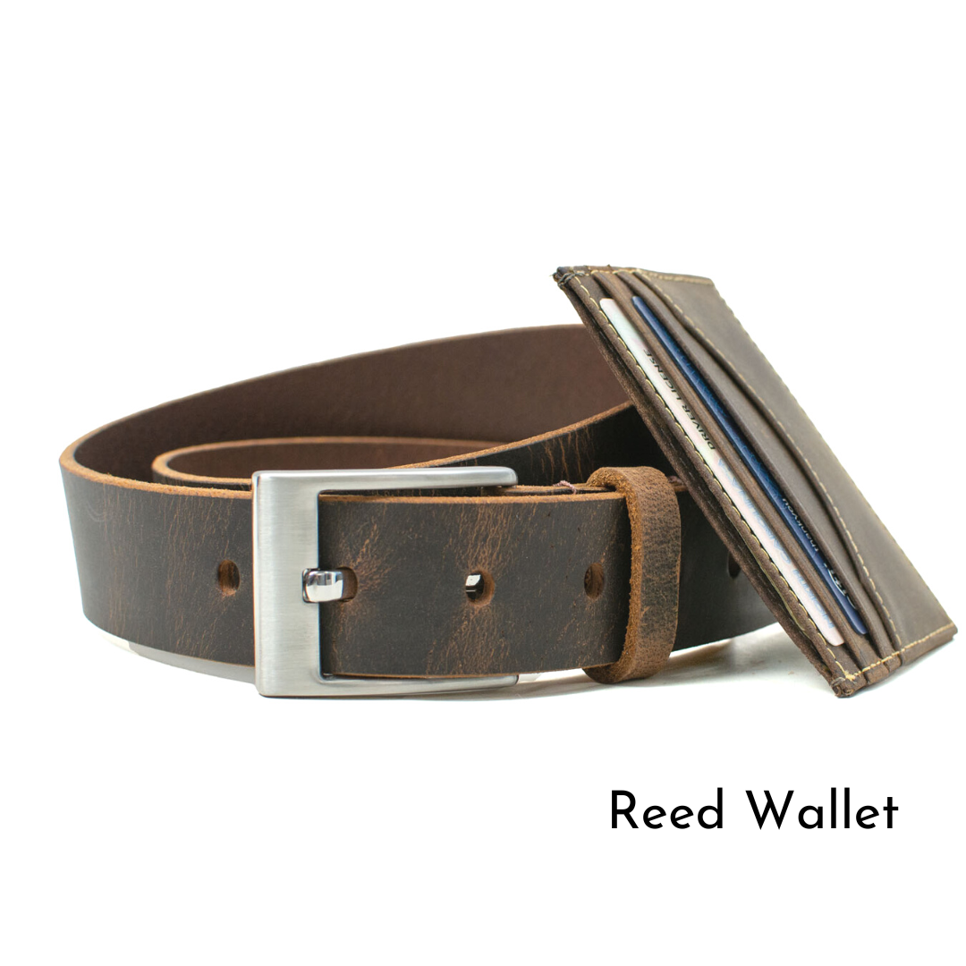 Caraway Mountain Distressed Leather Brown Belt Wallet Set by Nickel Smart