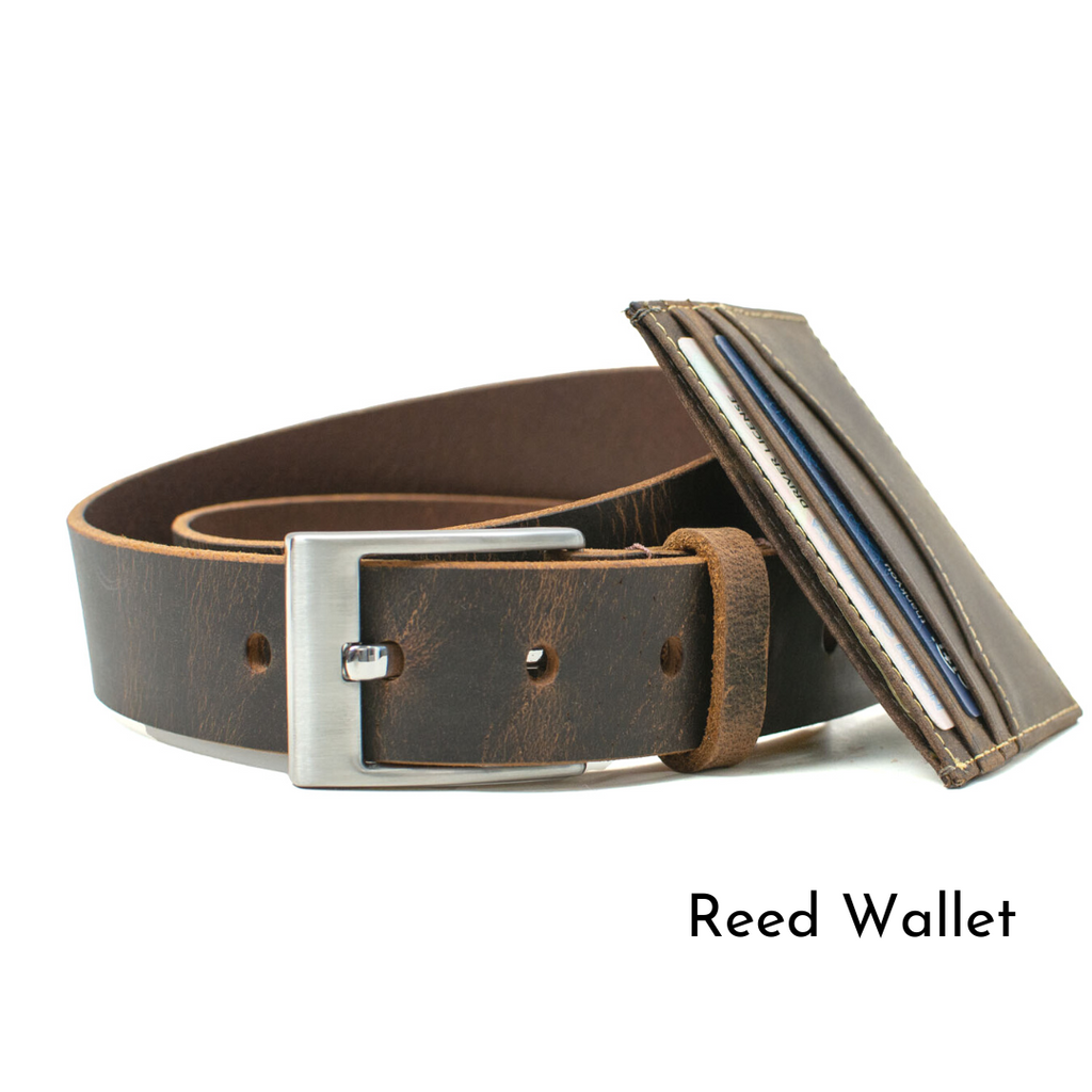 caraway mountain belt with reed card holder. credit cards in the card holder.
