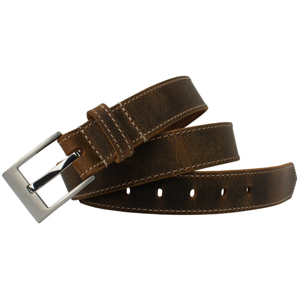 Caraway Mountain Distressed Leather Brown Belt (Stitched). Squarish zinc alloy buckle, silver-tone