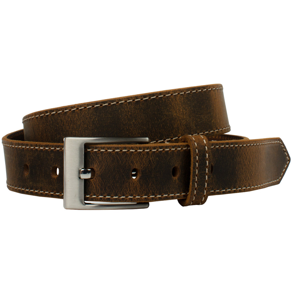 Caraway Mountain Distressed Leather Brown Belt (Stitched). Squared buckle, single pin, zinc alloy