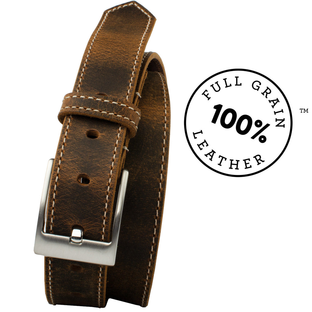 Caraway Mountain Distressed Leather Brown Belt (Stitched). 100% full grain leather, single stitch