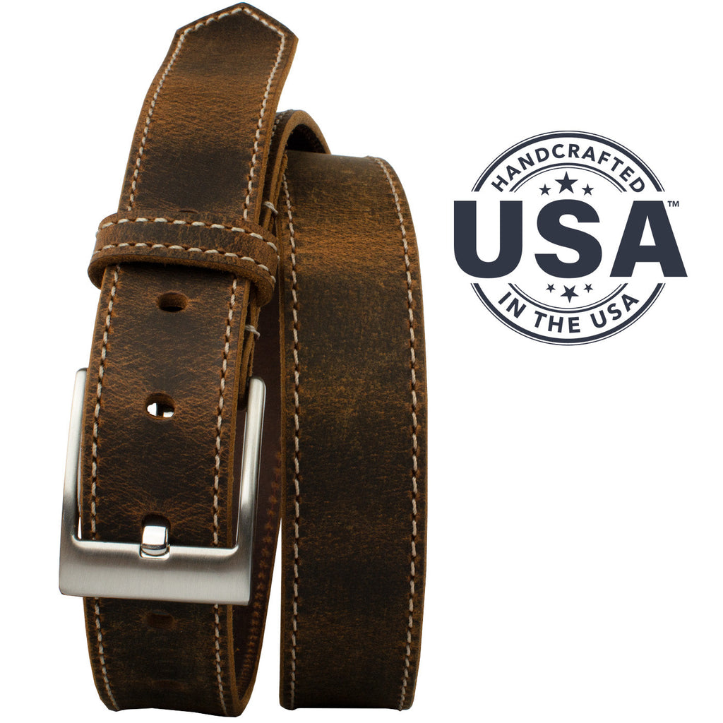 Caraway Mountain Distressed Leather Brown Belt (Stitched). Handcrafted in USA. Contrasting stitching