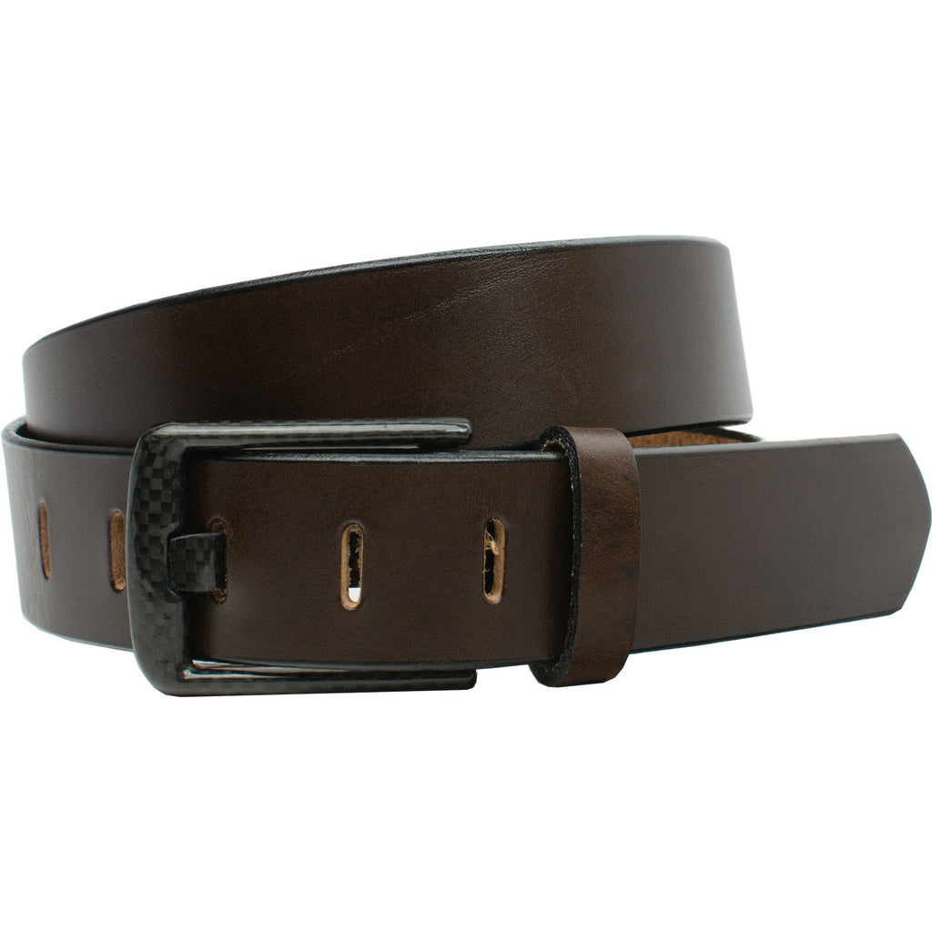 1.5 inch Carbon Fiber Belt. Wide Pin. Brown Full Grain Leather Belt By Nickel Smart. USA made