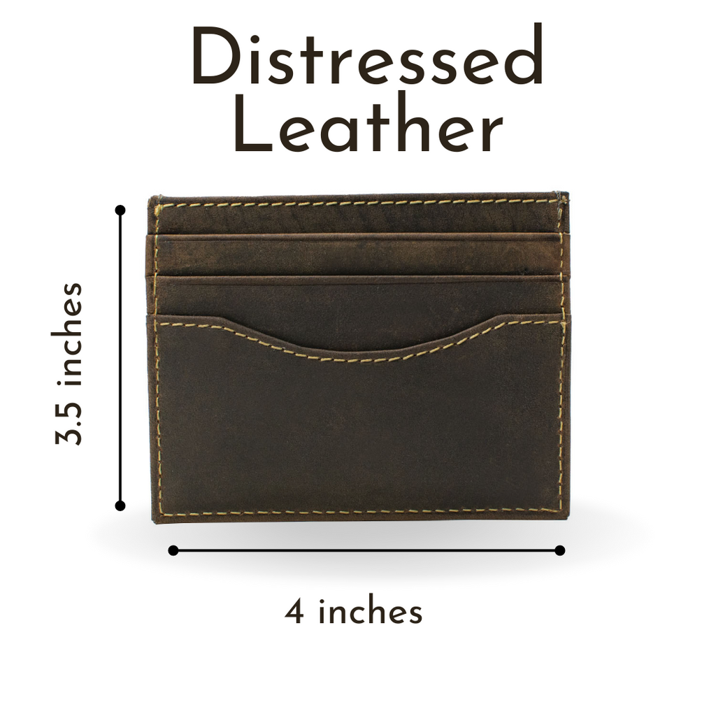 Reed Wallet. Distressed leather. Measures 3.5" tall by 4" wide. Three card pockets in front.