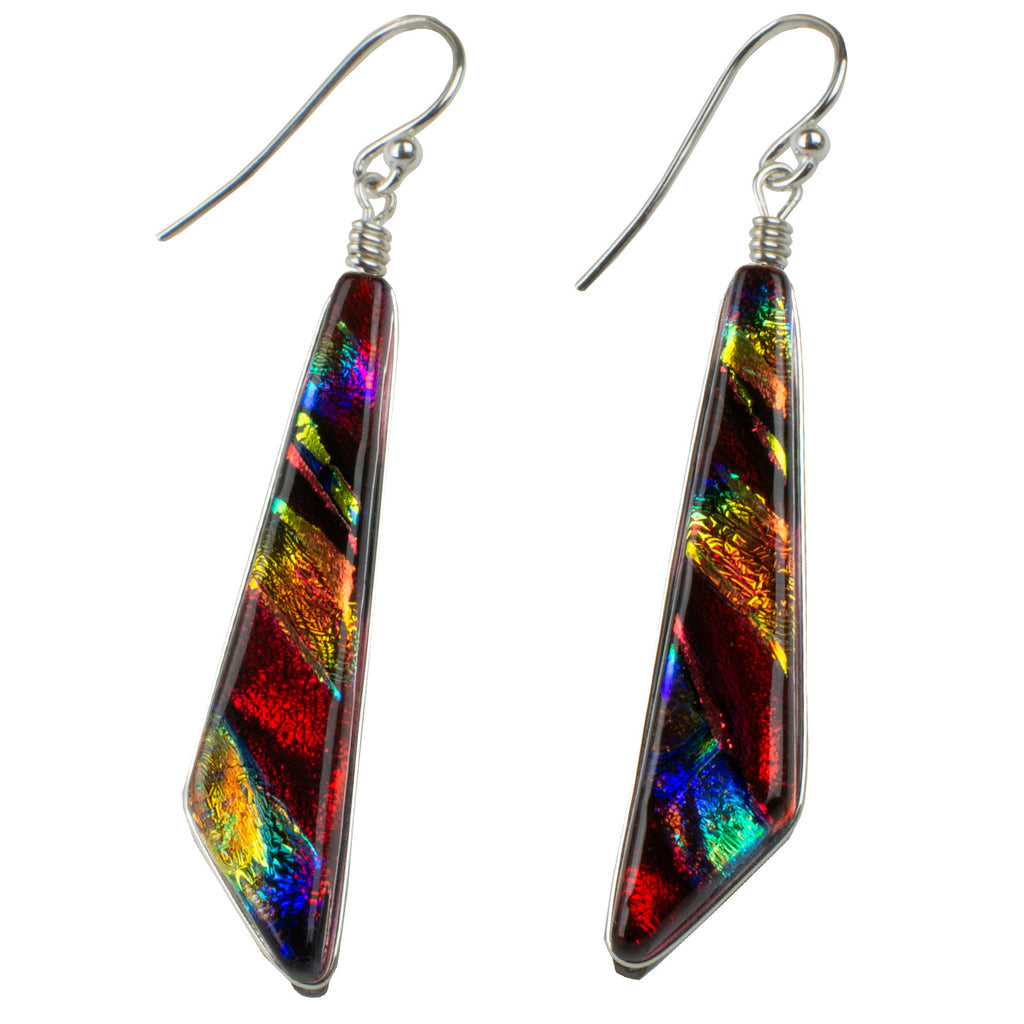 Rainbow Red Dichroic glass earrings with silver French hooks. 1.75 inches. Cascades Earrings 