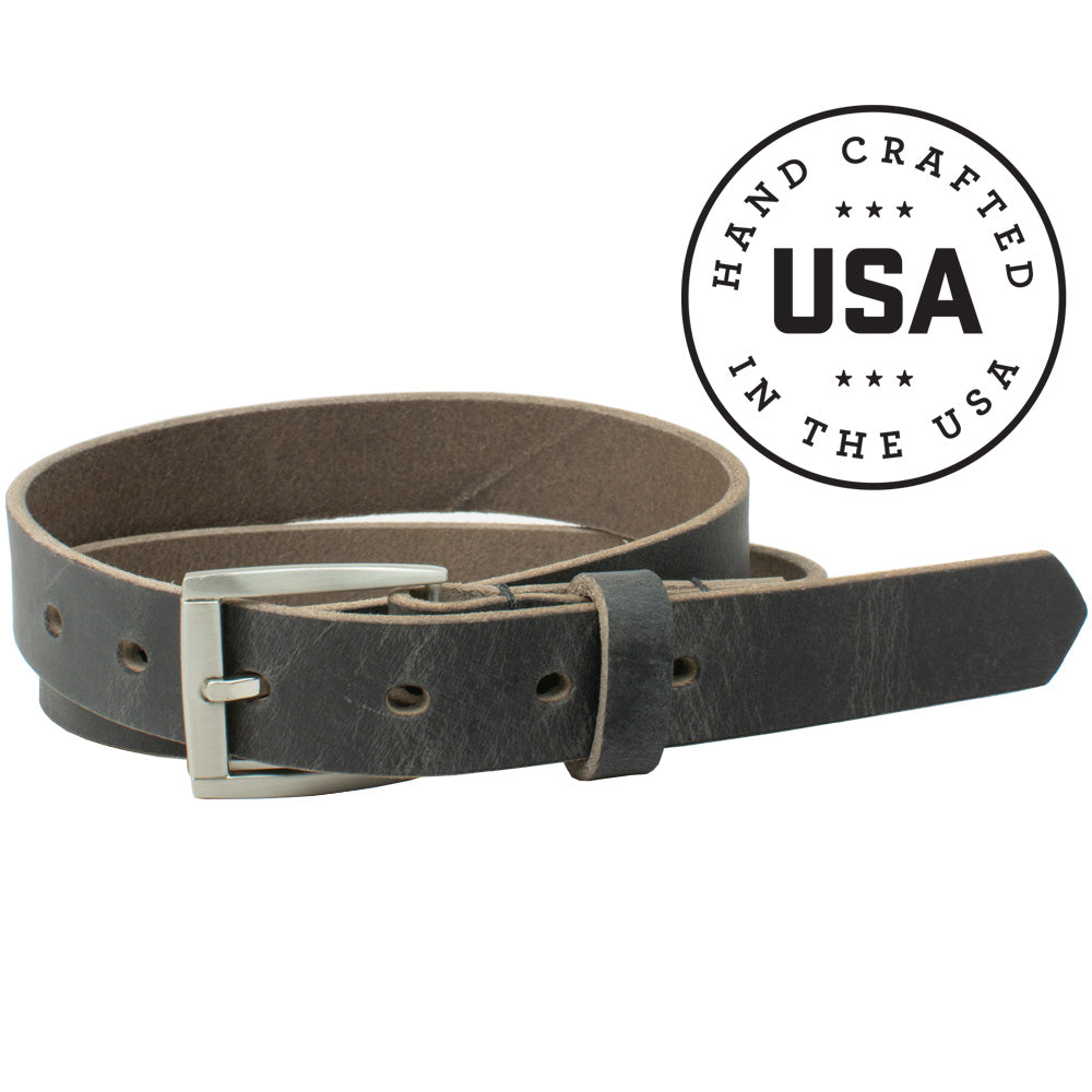 Child's Smoky Mountain Distressed Leather Belt (Gray). Handcrafted in the USA. Buckle sewn to strap.