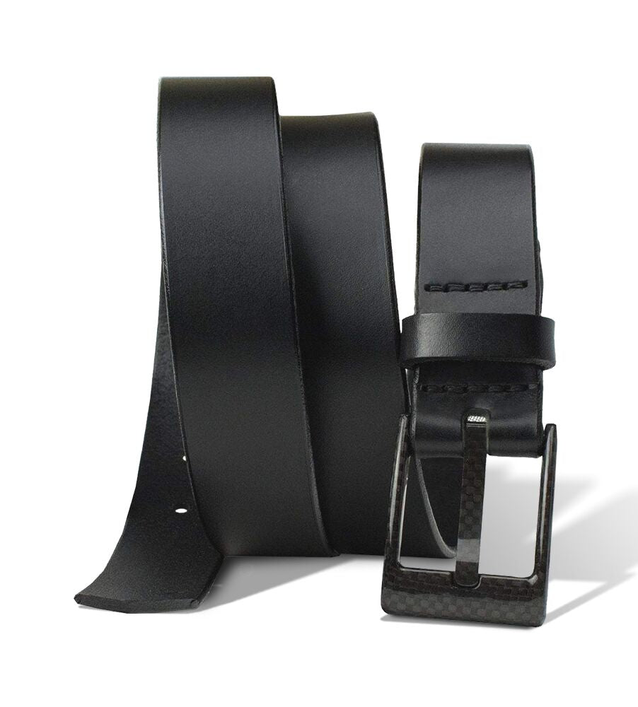 Image of The Classified Black Leather Belt with a black square carbon fiber buckle. Nickel Free 