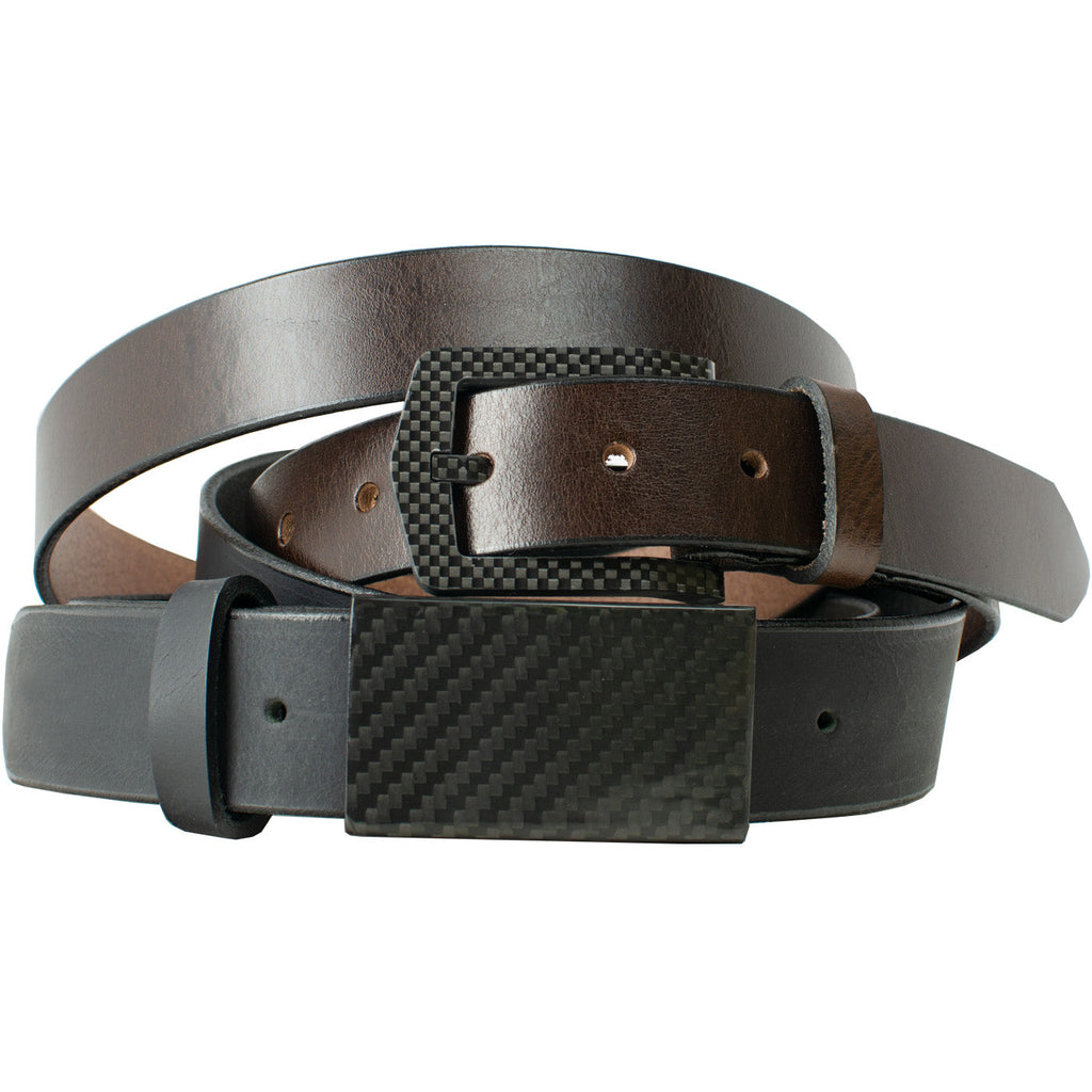 2 leather belts with carbon fiber buckles. Black belt has hook buckle, brown belt has pin buckle