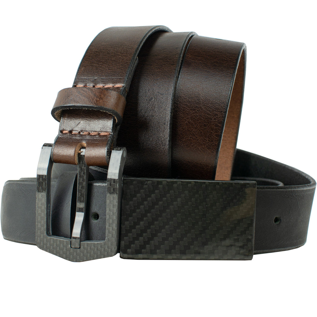 EZ Traveler Belt Set. Full grain leather belts in black and brown with carbon fiber buckles