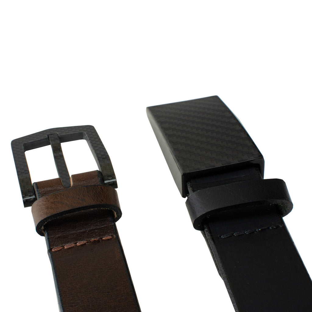 EZ Traveler Belt Set. Carbon fiber hook buckle and pin buckle with black and brown leathers.