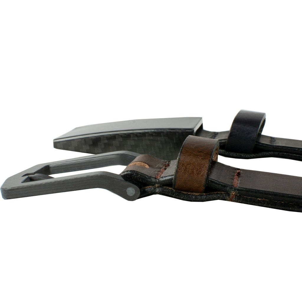 Only carbon fiber and leather. Pin buckle has brown leather, Hook buckle has black leather.  