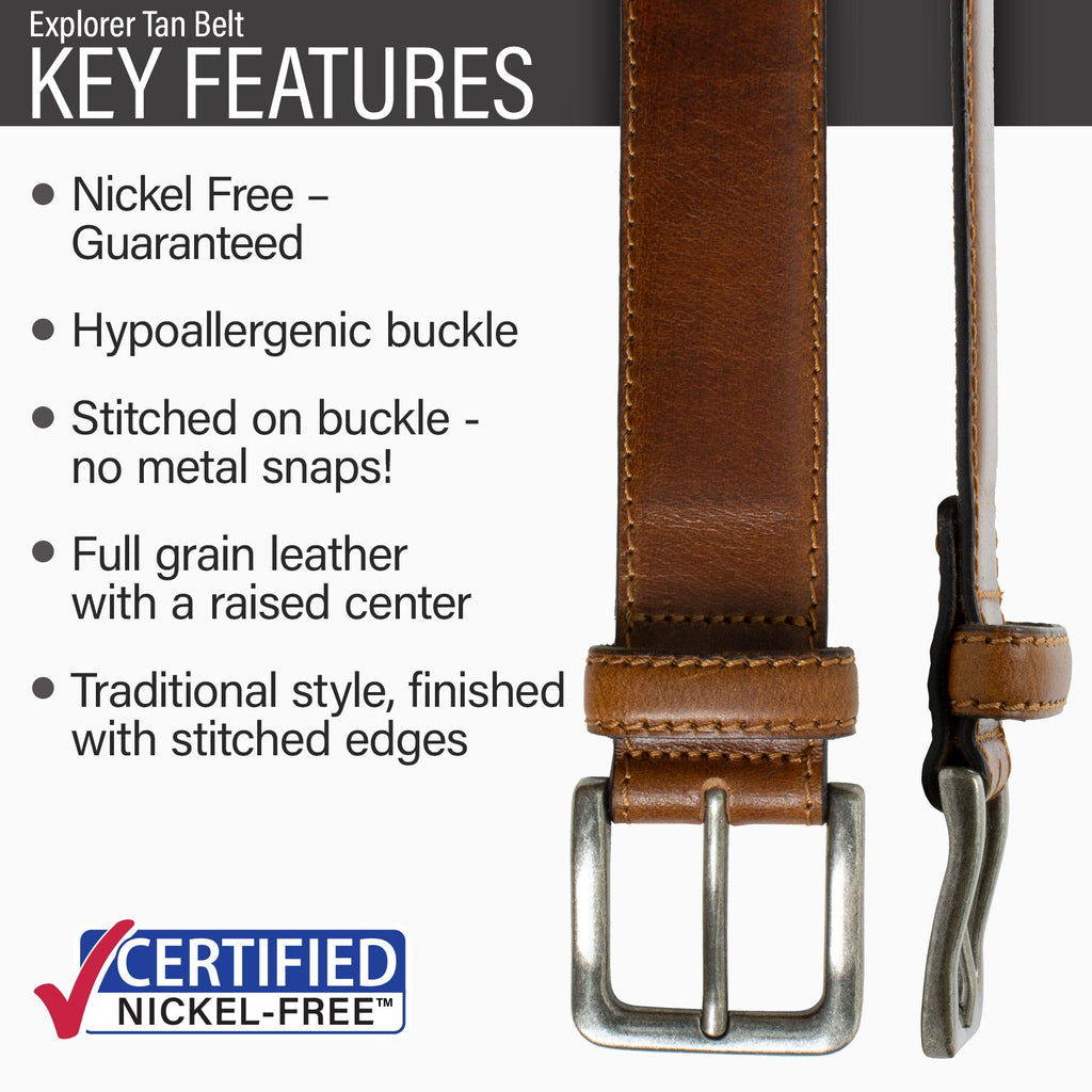 Hypoallergenic buckle, stitched on nickel-free buckle, tan full grain leather, traditional style