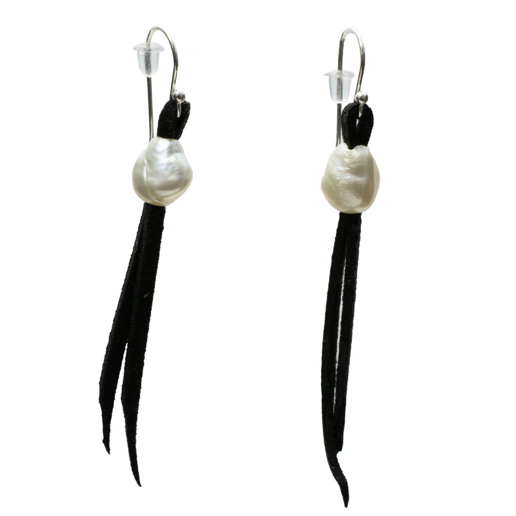 Freshwater pearls on black suede with French hooks. Pearl size: Approx. 10 mm Made in USA