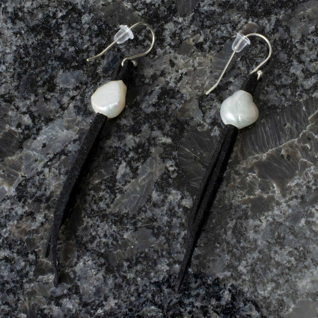 Nickel Free sterling silver French hooks; black suede leather; freshwater pearls Approx length: 7cm 