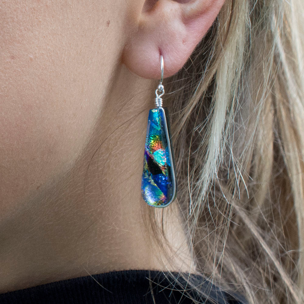 Rainbow Blue Dichroic Glass Earrings, silver French hooks. Firewater Falls Earrings, 1.5 inch long