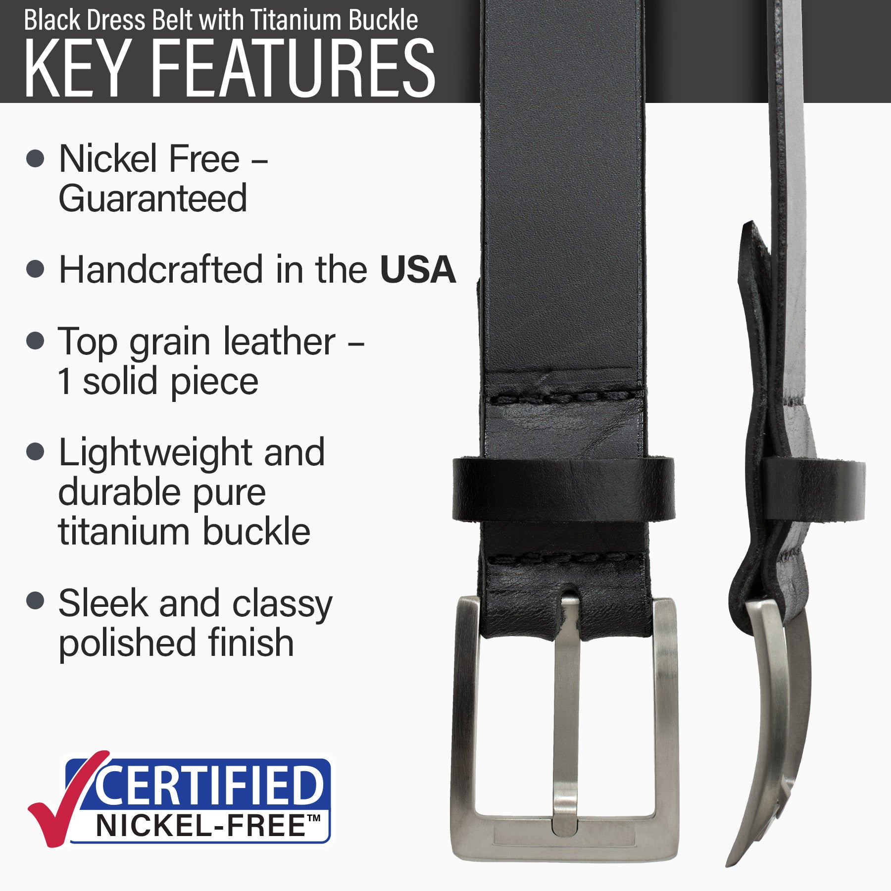 Black Leather Dress Belt with Titanium Buckle by Nickel Smart 38 inch / Black / Titanium/Leather Black Leather Dress Belt with Titanium Buckle by Nickel Smart 38 inch / Black / Titanium/Leather