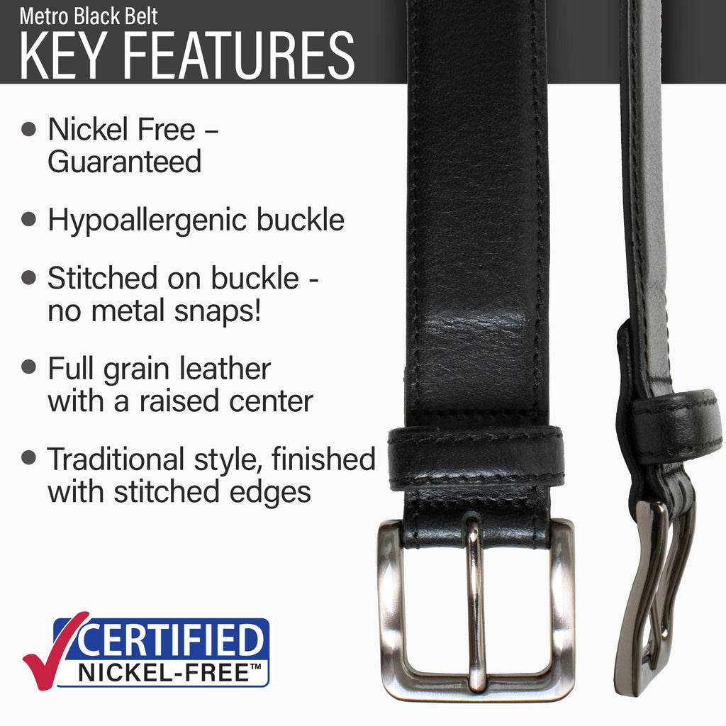 Hypoallergenic zinc alloy buckle, stitched on to full grain leather strap, traditional style