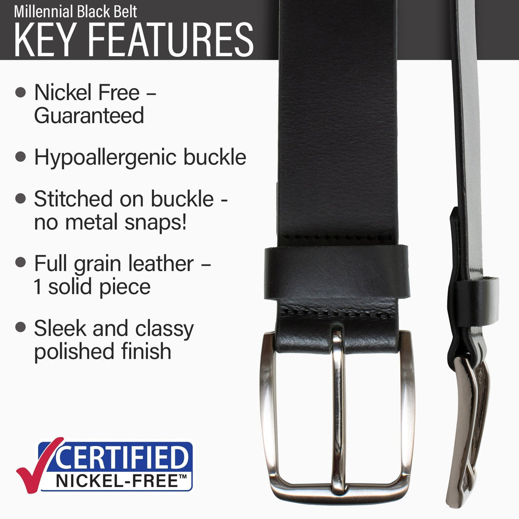 Hypoallergenic buckle stitched to full grain leather strap, polished finish, Certified Nickel Free