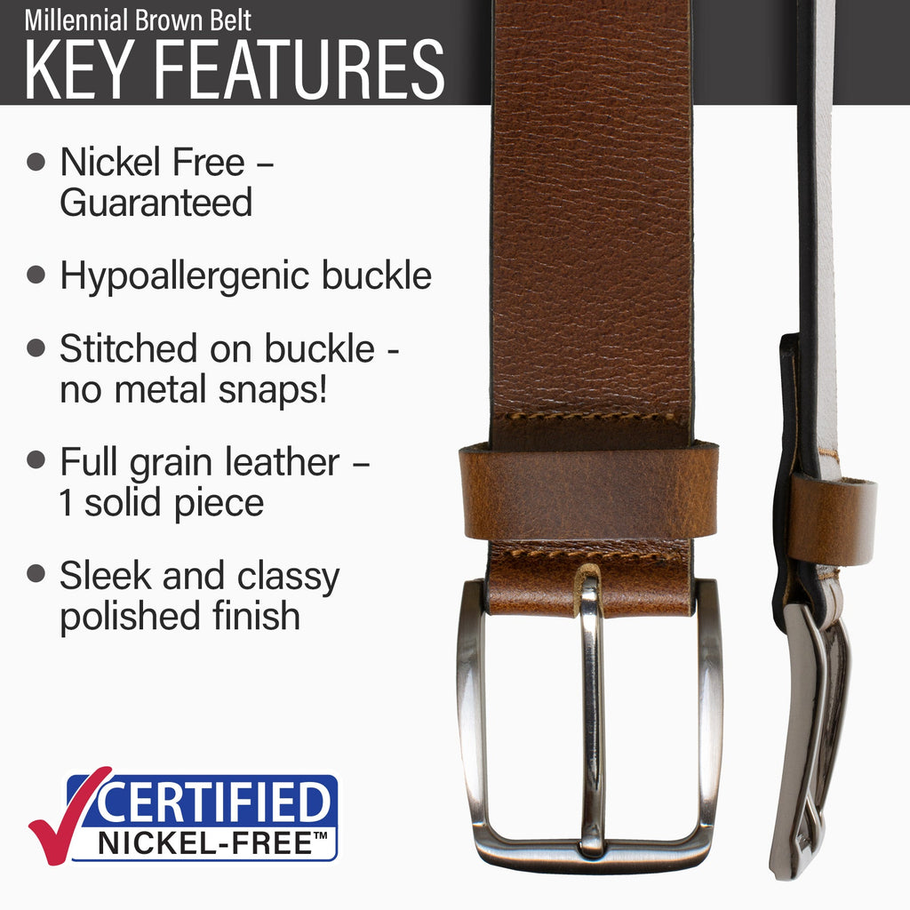 Hypoallergenic buckle, stitched on nickel-free buckle, full grain leather, polished finish, 1.5 inch