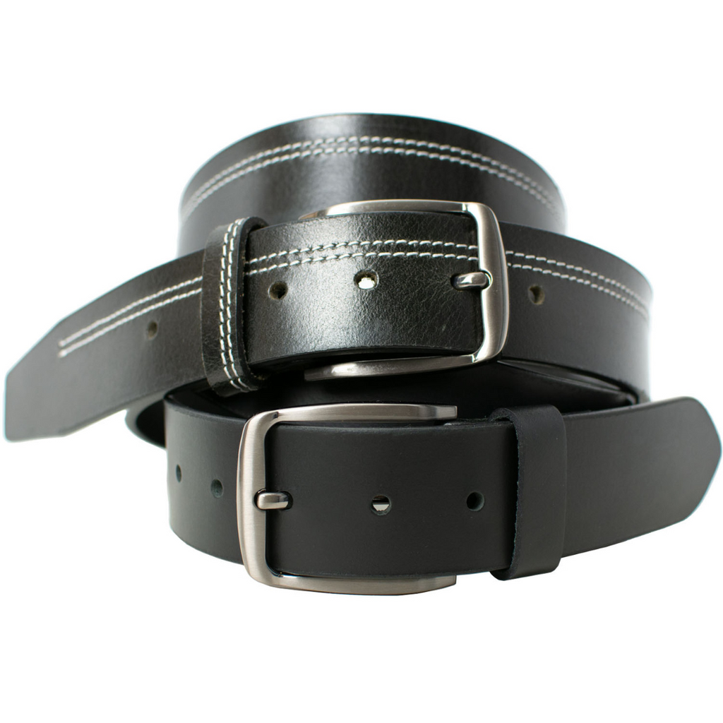 Millennial Black and Black Stitched Leather Belt Set. Sleek black belts with nickel-free buckles.