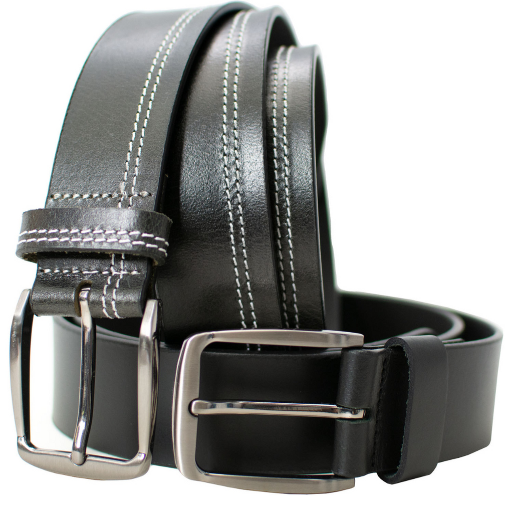 Millennial Black and Black Stitched Leather Belt Set. Solid leather straps, one with white stitching